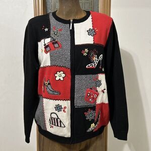 Alfred Dunner Vtg Patchwork Sweater Zip Cardigan Size Small Black Red